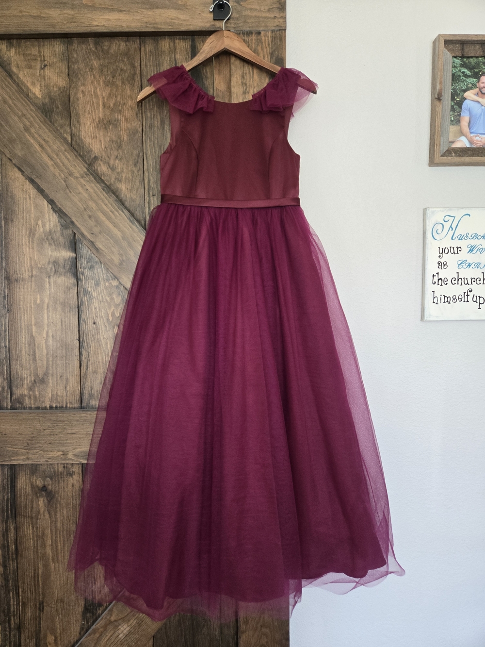Azazie Girls' Burgundy Tulle Ruffle Shoulder Dress